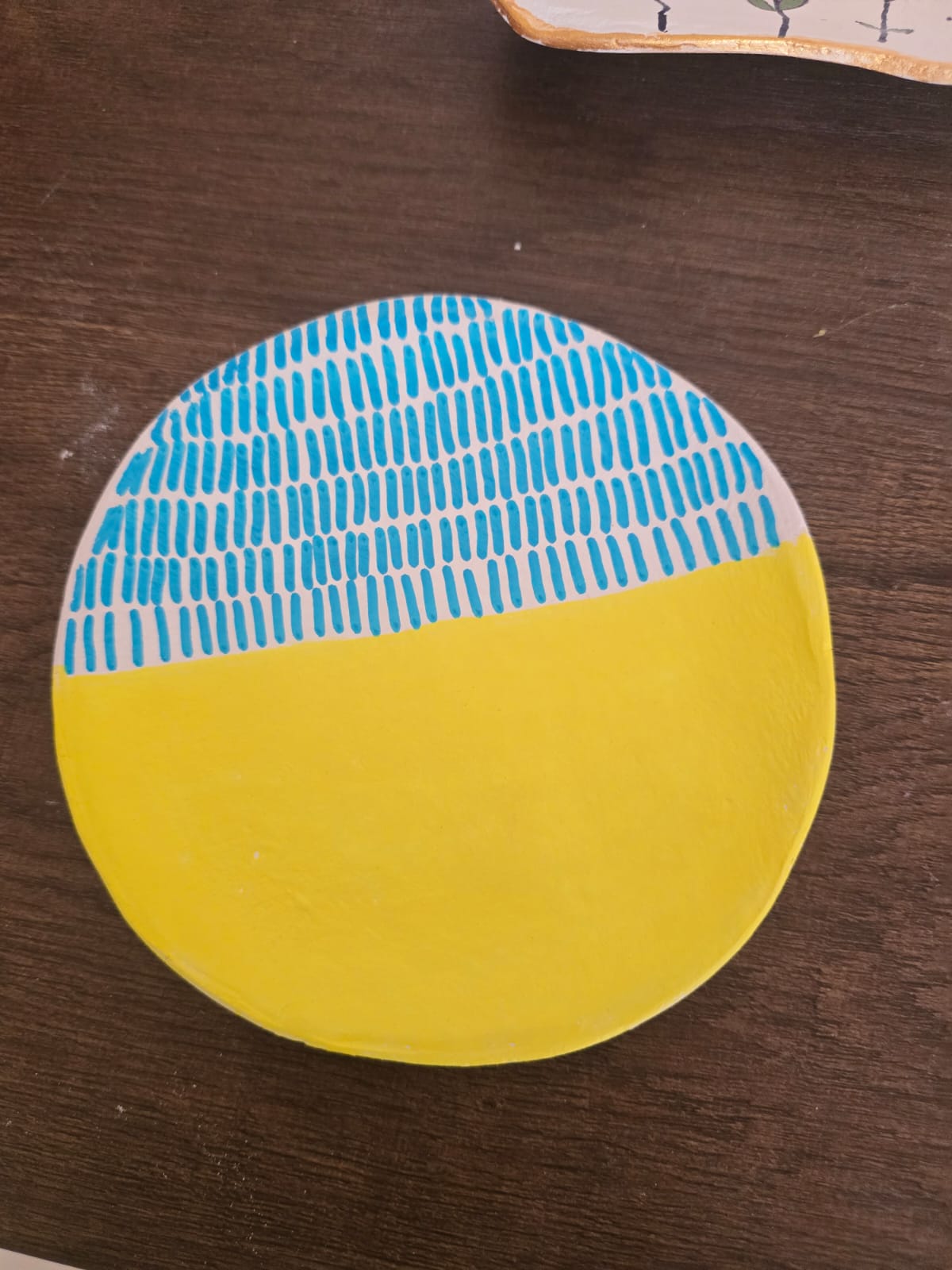 Handmade & Hand-Painted Clay Trinket Plate — Mustard Yellow Geometric