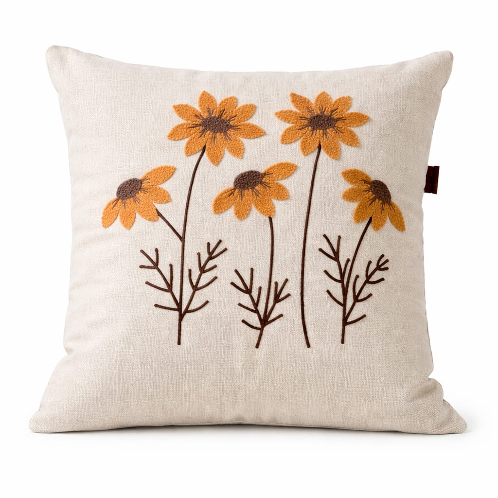 Beautiful Orange Embroidery Floral Cushions - Linen Blend