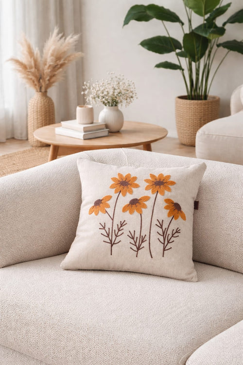 Beautiful Orange Embroidery Floral Cushions - Linen Blend