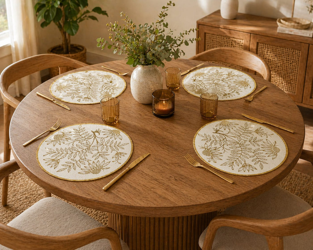 Round Botanical Placemats - Elegant Non-Slip Table Mat (Set of 4 Nos)(Available in 2 Colours)