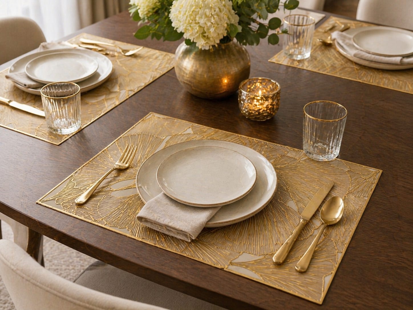 Gold Decorative Dining Placemats – Luxury Leaf Pattern Table Mat (Set of 4)