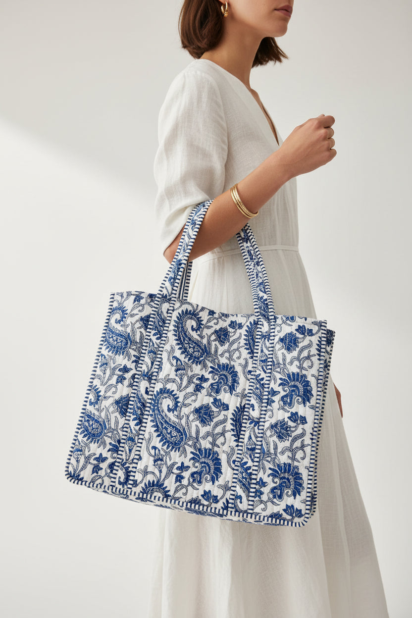 Blue Quilted Cotton Tote Bag – Reversible