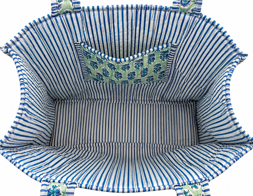 Green Blue Quilted Cotton Tote Bag – Reversible