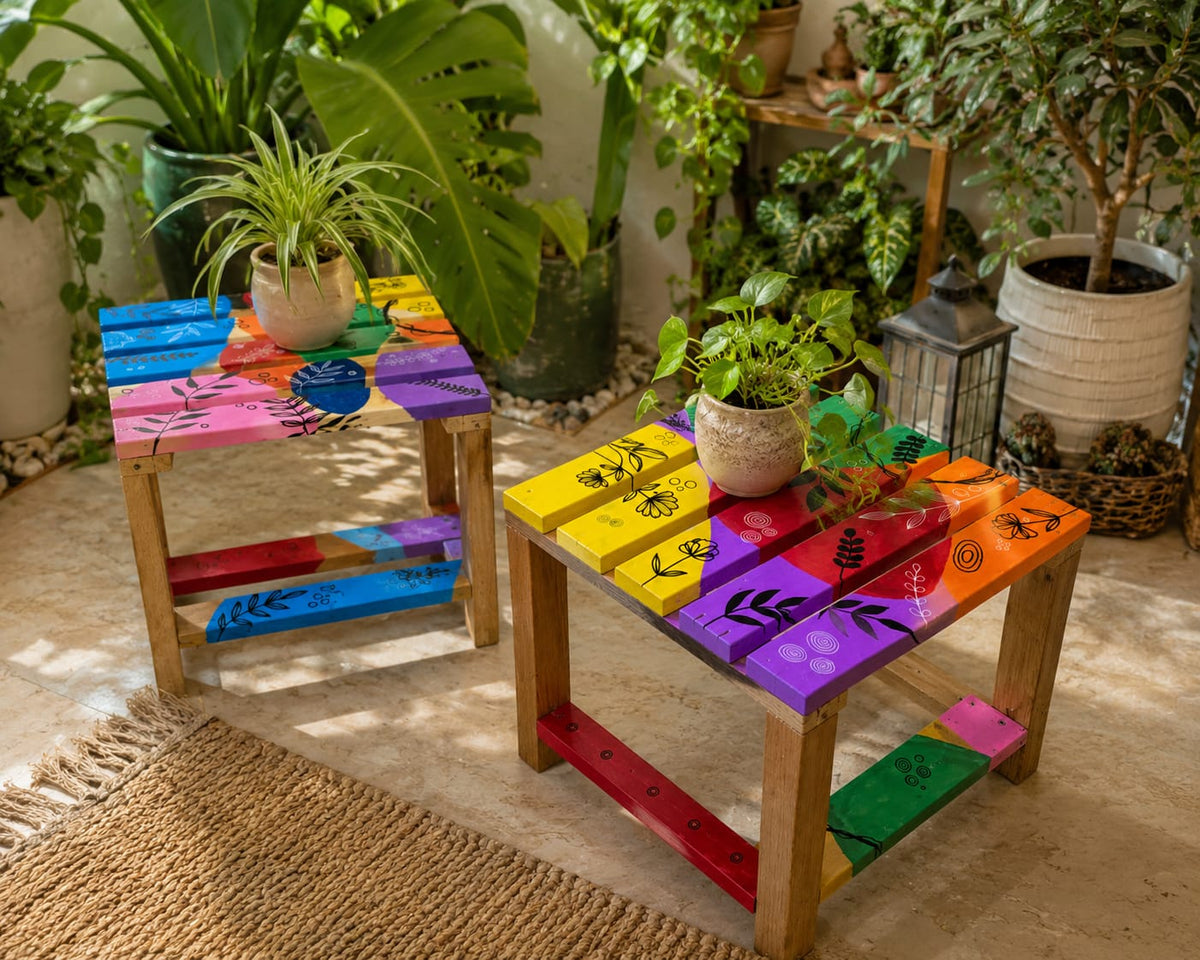 Hand-Painted Artistic Wooden Side Table