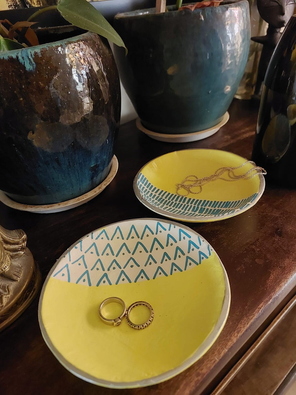 Handmade & Hand-Painted Clay Trinket Plate — Mustard Yellow Geometric