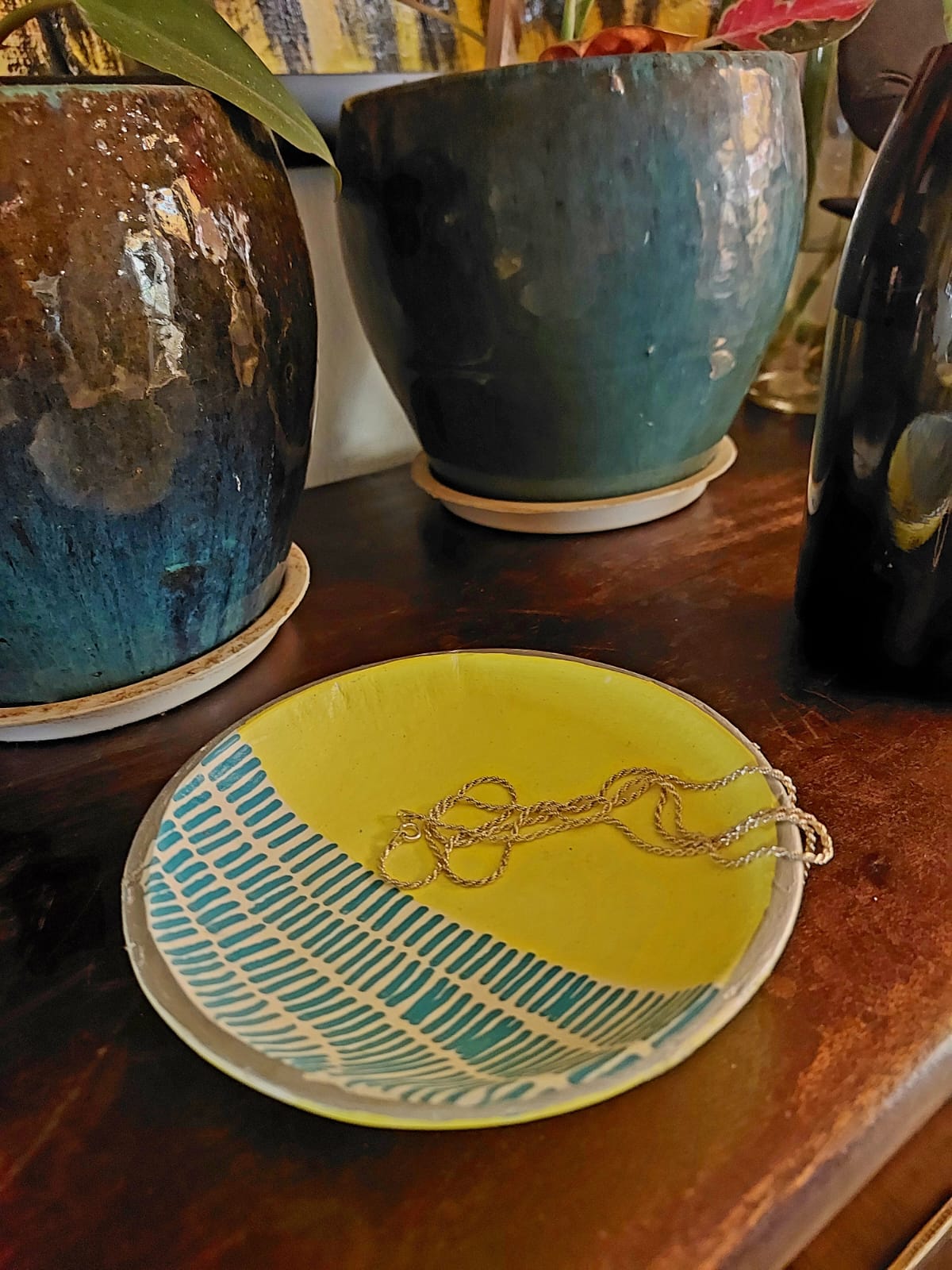 Handmade & Hand-Painted Clay Trinket Plate — Mustard Yellow Geometric